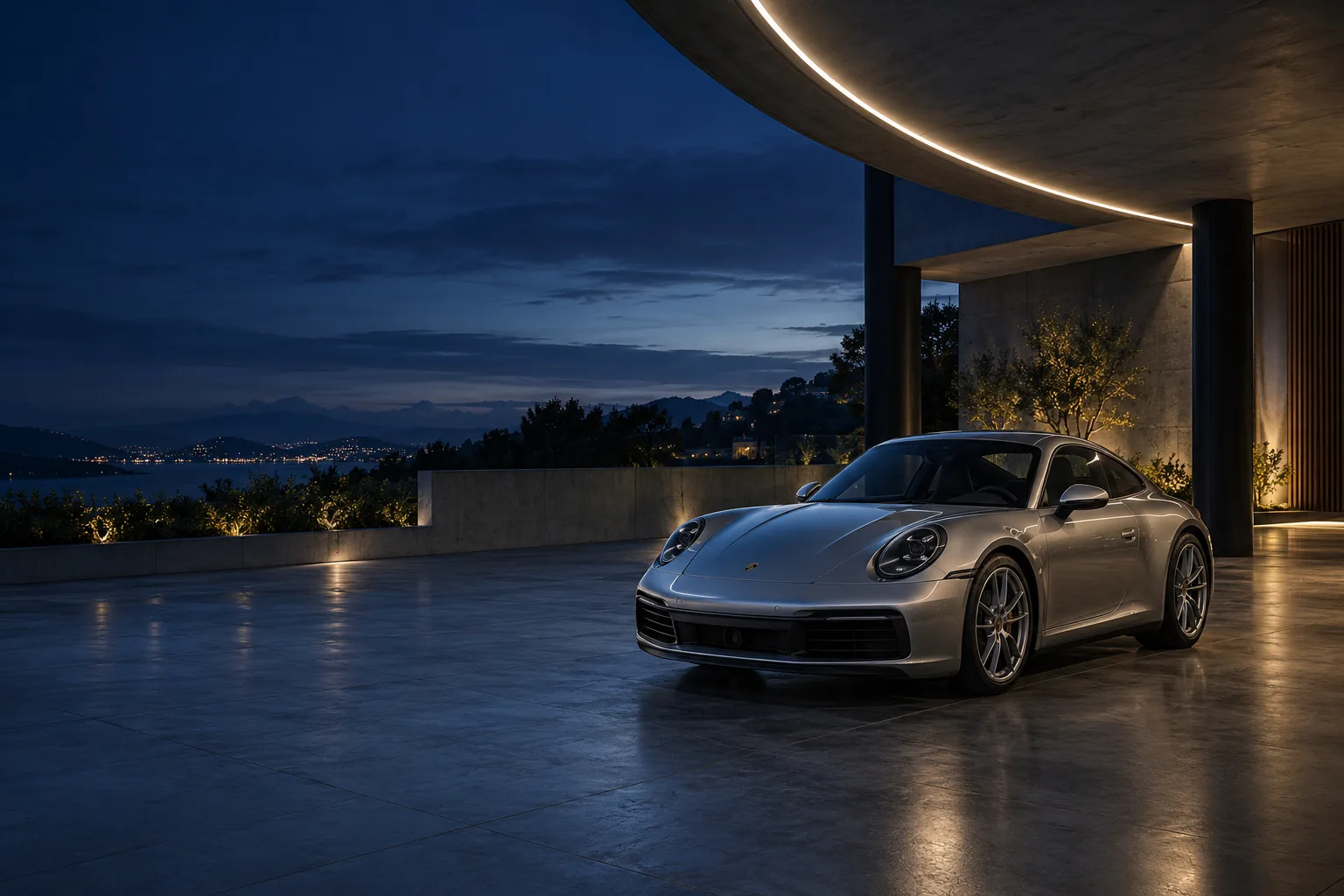 Porsche prata em uma garagem contemporânea com iluminação azul suave